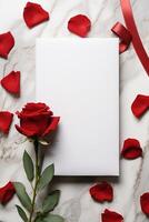 AI generated vertical mockup white blank paper sheet with red roses and petals top view on marble stone, template empty card flat lay with copy space photo