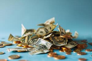 AI generated Pile of crumpled banknotes and coins on a blue background photo