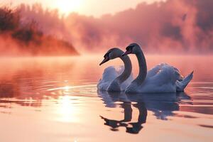 ai generado hermosa Pareja blanco cisne aves nadar en el lago a rosado brumoso puesta de sol foto