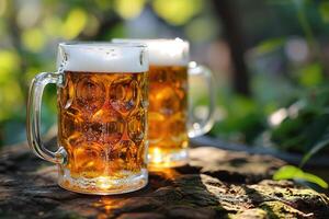 AI generated closeup two mugs of beer with foam on a stone on blurred green wood background photo