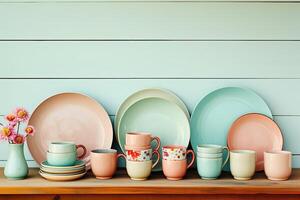 AI generated Beautiful ceramic dinnerware in pastel colors on a stylish kitchen counter. Kitchen background photo