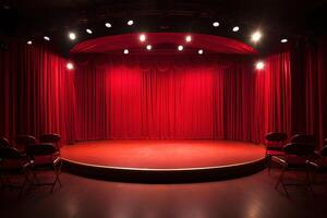 AI generated view of an empty stage of a theater or standup comedy club with red curtain photo