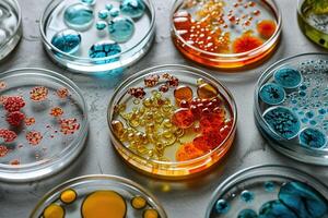 AI generated closeup of petri dishes with overgrown cultures of various microorganisms and bacteria on light grey table photo