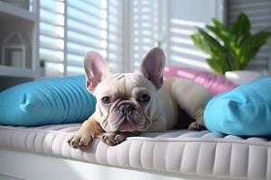 AI generated adorable french bulldog lies on soft white sofa on blurred living room background photo