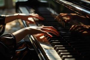 ai generado de cerca de agraciado hembra manos en el llaves de un antiguo desgastado piano con luz de sol foto