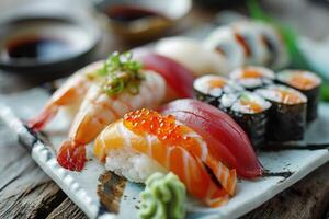 ai generado de cerca clasificado conjunto de delicioso apetitoso Sushi y rodar en blanco plato foto