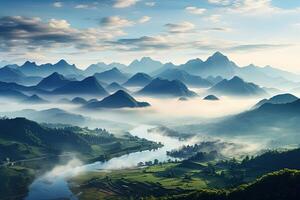AI generated beautiful landscape view of the valley and silhouette mountains in the fog photo