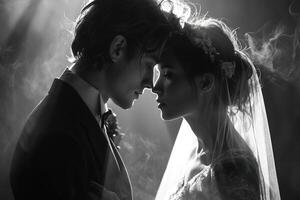 AI generated beautiful couple bride and groom kissing, romantic weeding moment, black and white photo