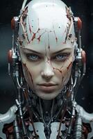 AI generated Vertical close up portrait of an angry beautiful android woman with red lined pattern on forehead on a blurred background photo