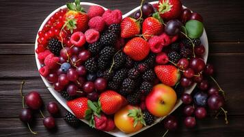 AI generated Top view of heart shaped bowl full of mix of fresh ripe berries and fruits on worn wooden table photo