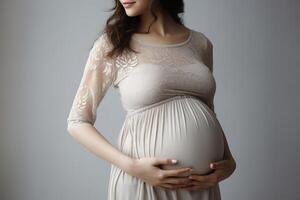 AI generated Pregnant young woman in a light dress gently holds her belly photo