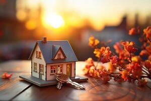 AI generated New keys and a toy house near orange flowers on a wooden table against a blurred background of setting sun rays photo