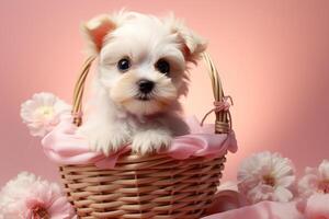 ai generado linda mullido pequeño blanco perrito sentado en un mimbre cesta con flores en un rosado antecedentes foto