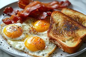 AI generated closeup of delicious fried eggs with crispy toast and bacon on a white plate photo