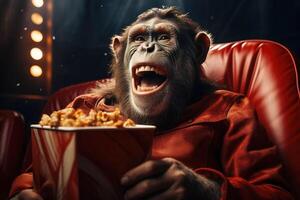 AI generated Close up portrait of a mature laughing monkey in a red glossy outfit sitting in leather armchair eating popcorn in a cinema photo