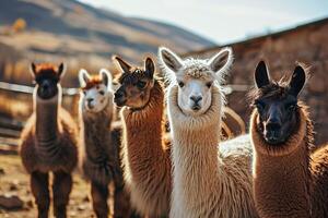 AI generated herd of llamas or alpacas on the farm in mountains photo