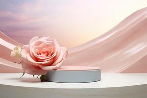 AI generated white little platform podium with pink rose flower on light abstract background, template for montage or product presentation photo