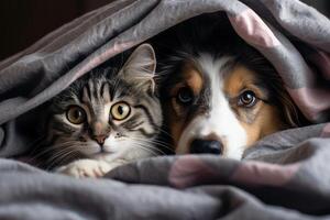 AI generated closeup of a cat and a dog lying together on a bed under a knitted warm gray blanket photo