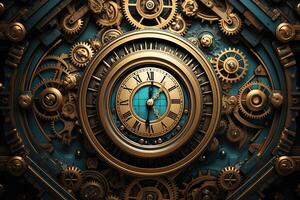 AI generated Abstract clock mechanism made of dark brass or bronze with gears, wheels and rivets. steampunk background photo