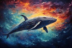 AI generated abstract illustration of a whale floating on a psychedelic, brush stroked bright blue, orange and purple cloudy universe background photo