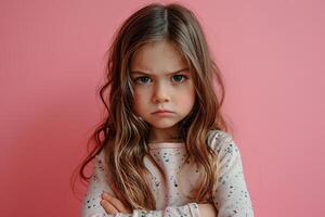 AI generated portrait of cute upset offended little girl child on flat pink background photo