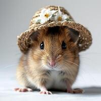 AI generated cute hamster in a straw hat with flowers on a white background photo