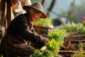 AI generated Happy elderly asian woman in straw hat and apron tending to plants in her backyard garden photo