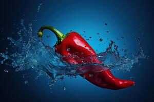 AI generated Big hot red chili pepper splashing in clear water on a blue background photo