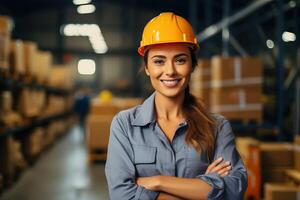 ai generado retrato de un hermosa sonriente caucásico mujer trabajador en un naranja difícil sombrero en un almacén foto