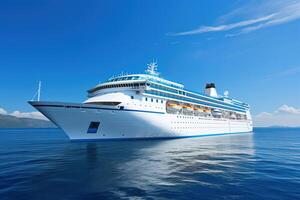 AI generated large modern white passenger cruise ship in the blue sea or ocean on a sunny day photo