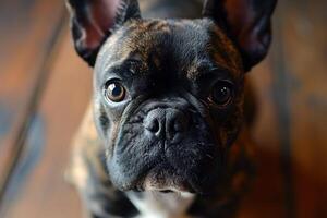 AI generated closeup portrait of a french bulldog at home on wooden floor, top down view photo
