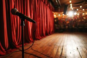 AI generated closeup microphone empty stage of a theater or standup comedy club with red curtain photo