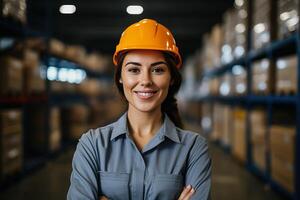 ai generado retrato de un hermosa sonriente caucásico mujer trabajador en un naranja difícil sombrero en un almacén foto