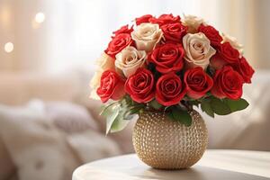 AI generated closeup of a beautiful bouquet of red and pink roses flowers in a stylish vase with interior of white living room on blurred background photo