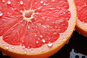 AI generated closeup ripe juice sliced red grapefruit in water drops top view on black background photo