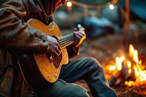 ai generado vagabundo en un marrón cuero chaqueta obras de teatro un antiguo agrietado guitarra en un acampar cerca un ardiente fuego en el otoño bosque foto