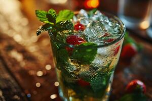 AI generated Transparent glass of a mojito cocktail with ice, strawberries and mint on a bar counter on a blurred background photo