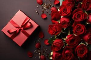 AI generated gift box and many red roses on brown wooden background top view, floral template with copy space photo