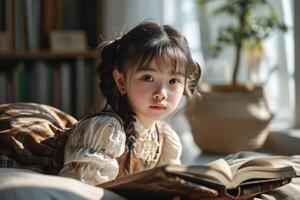 AI generated beautiful asian girl reading a book lying on the bed, bookcase on blurred background photo