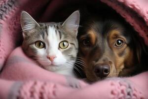 ai generado de cerca retrato de un gato y un perro acostado en un cama debajo un de punto calentar rosado cobija foto