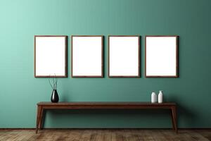 AI generated Room interior in blue color with wooden table and four mockup blank pictures photo