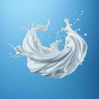 AI generated Falling white cream milk yogurt swirl falling on a blue background photo