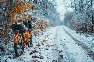 AI generated Rear view of a bright orange classic bicycle with bikepacking bags standing in the forest on the side of a rural road photo
