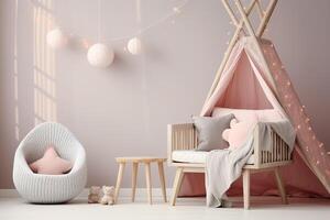 AI generated A seating area in light pink tones with a wooden chair with cushions, a stool, an ottoman and small teddy bears next to it. photo