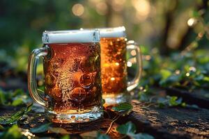 AI generated closeup two mugs of beer with foam on a wooden board on blurred green wood background photo