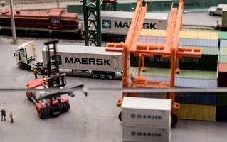 Minsk, Belarus, January 19, 2024 - Miniature containers of Maersk photo