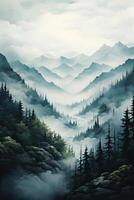 AI generated vertical watercolor beautiful landscape view of the forest and silhouette mountains in the fog photo
