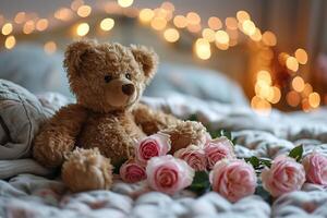 AI generated closeup cute toy teddy bear on bed with pink roses on blurred bokeh background photo