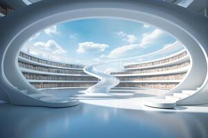 AI generated Futuristic design of a large library hall with a round arch and a large panoramic skylight photo