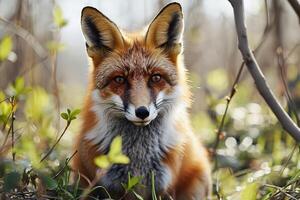 ai generado retrato de un linda rojo zorro en el primavera bosque en un borroso antecedentes foto